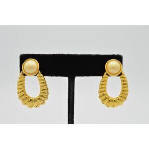 Vintage Statement Earrings Gold Tone Metal Door Knockers Faux Pearl Chic 80s 9I
